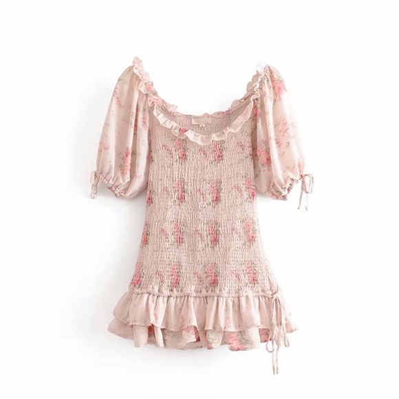 Floral Ruffle Dress with Puff Sleeves - Picture 1 of 3